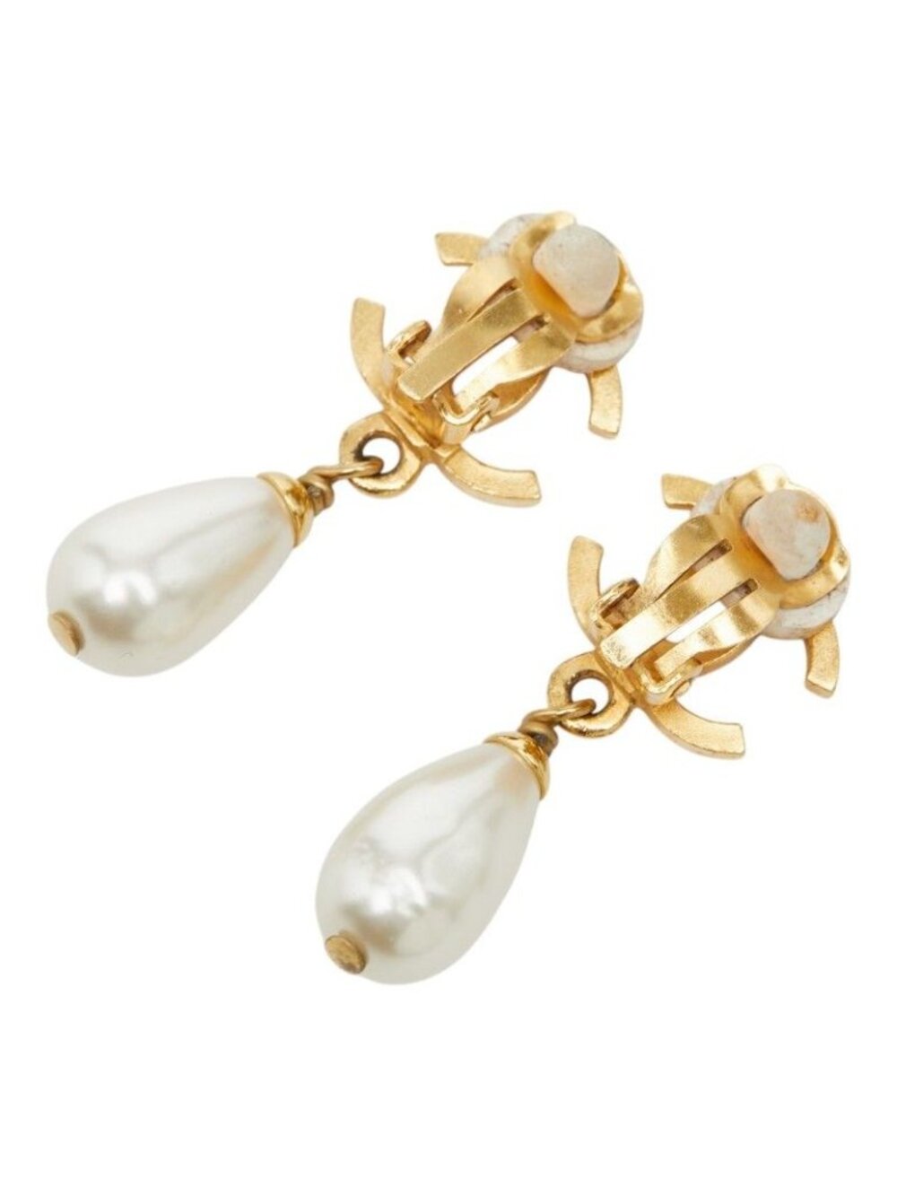 Chanel CC Logo Vintage Earrings Gold Faux Pearl Plated - Picture 3 of 6